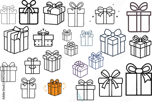 Vector icon of a gift box in outline style, simple cube-shaped present with ribbon and bow, minimal thin line design on a white background, celebration and surprise concept symbol, EPS format vector i