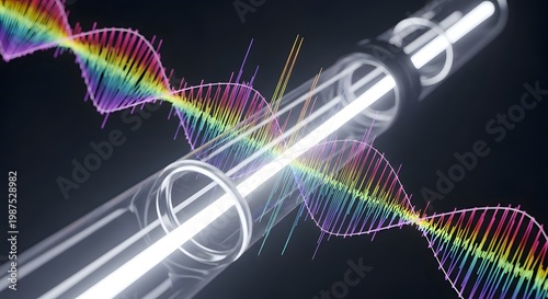 DNA helix and laser beam in scientific equipment, biotechnology concept