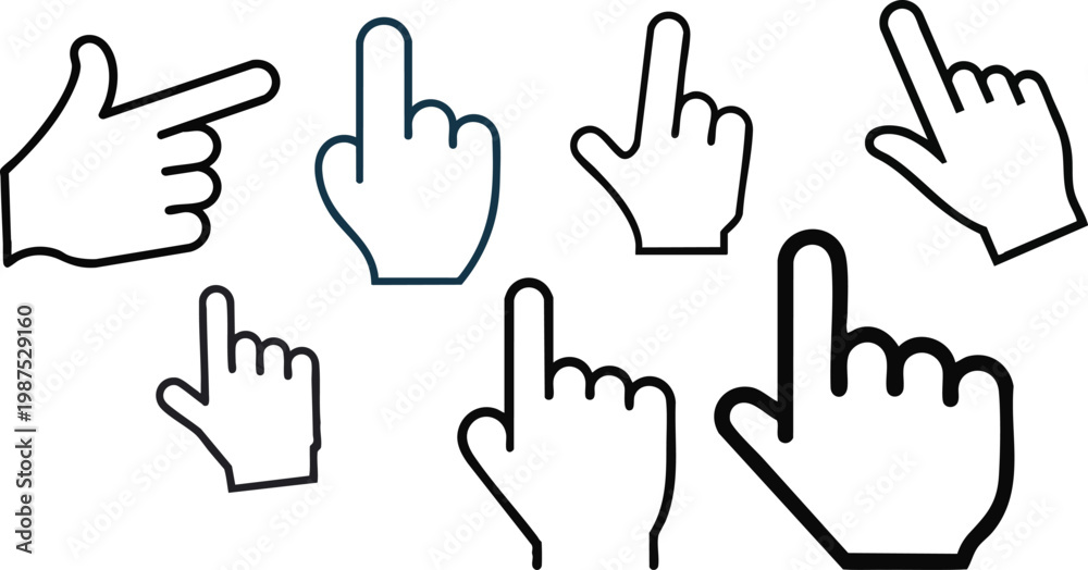 Obraz premium Vector icon of a hand cursor click in outline style, finger tap gesture with minimal thin line design, centered on a white background, digital interaction and clicking action symbol, EPS format vector