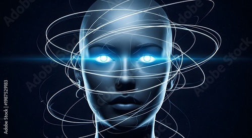 Futuristic human head with glowing neural network and digital data visualization in dark tech environment