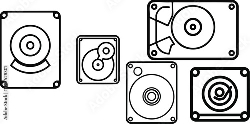 Vector icon of a hard drive in outline style, rectangular storage device with circular disk detail, minimal thin line design on a white background, data storage and computer hardware symbol, EPS forma