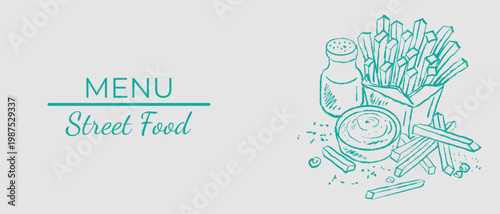Fast food menu header with French fries, sauce, salt shaker. Turquoise cafe branding and snack bar flyers. Hand drawn vector sketch illustration in vintage doodle crayon charcoal style