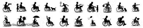 Wheelchair user silhouettes in different poses and daily activities, inclusive mobility set isolated on white background for accessibility, healthcare or social design