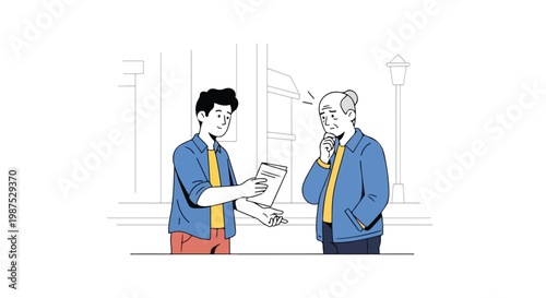 Young Man Explaining to Senior Citizen Social Issues