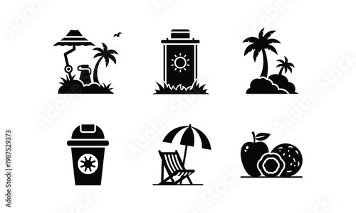 Iconic beach and leisure scene collection with tropical elements and amenities