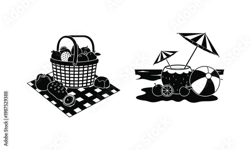 A picnic setup transitioning into a beachside relaxation scene with essentials for leisure