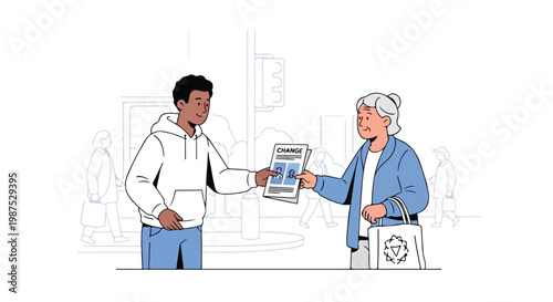 Young Man Offering Social Justice Newspaper To Senior Woman