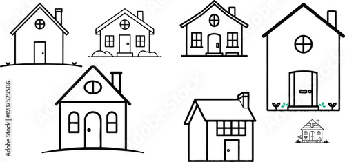 Vector icon of a home in outline style, simple house symbol with thin black lines, minimal centered design on a white background, clean SVG-style illustration representing home, housing, and residence