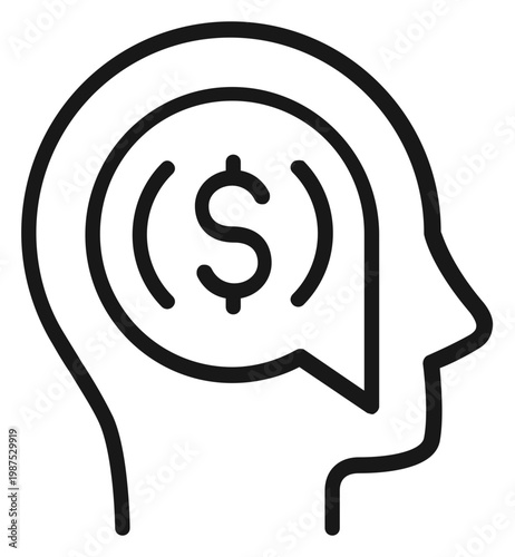 Bild auf Leinwand Minimalist black line vector icon illustration of a human head profile with a speech bubble containing a dollar sign, symbolizing financial mindset, business ideas, wealth, and money management
