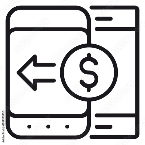 Tableau sur toile Mobile payment and money transfer vector icon illustration, featuring a smartphone with a dollar coin and an arrow indicating a transaction, cashback, or digital wallet concept