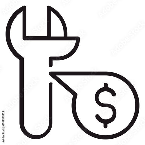 Obraz na płótnie Minimalist black line vector icon illustration of an adjustable wrench with a speech bubble containing a dollar sign, representing repair costs, maintenance fees, tool prices, or service charges