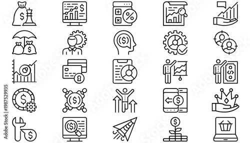 Business and Finance Vector Icon Set: 25 Minimalist Black Line Icons for Data Analysis, Management, Investment, Growth, E-commerce, Strategy, Marketing, and Financial Success Collection Bundle.