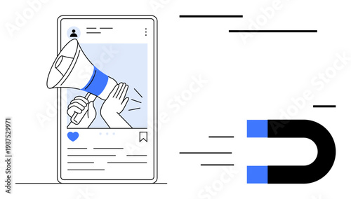 User engagement, social media marketing, digital outreach, online branding, audience targeting, influencer strategies. A smartphone shows a megaphone post attracting attention. Social media marketing