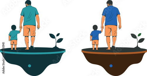 Touching father's day vector illustration dad and son standing on floating islands celebrating parenthood