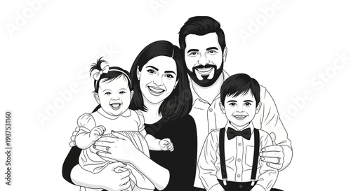 A happy family of four smiling.