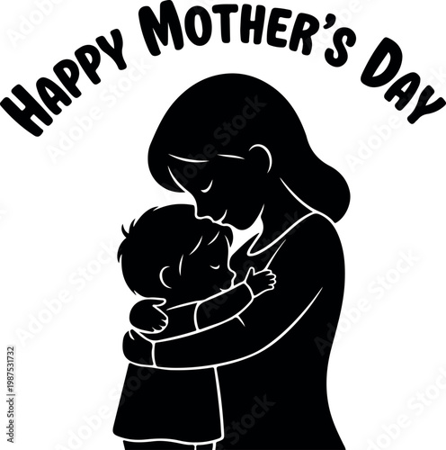 Happy Mother's Day Silhouette of Mother Hugging Child Isolated on White Background
