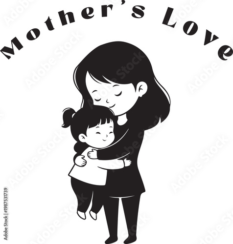 Mother's Love Illustration of Mom Hugging Daughter Silhouette Isolated on White Background