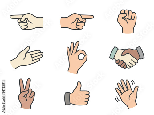 Hand gesture icons set: 9 hand drawn doodle style communication signs on white background