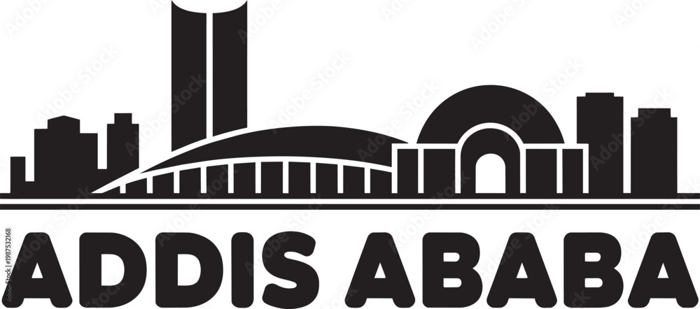 Fototapeta premium Addis Ababa city skyline silhouette with 1 landmark building in a simple flat black vector