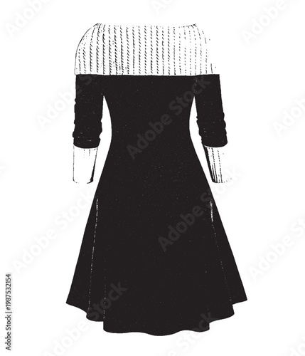 Two-Tone Off-the-Shoulder Knit Dress with Ribbed Details Illustration