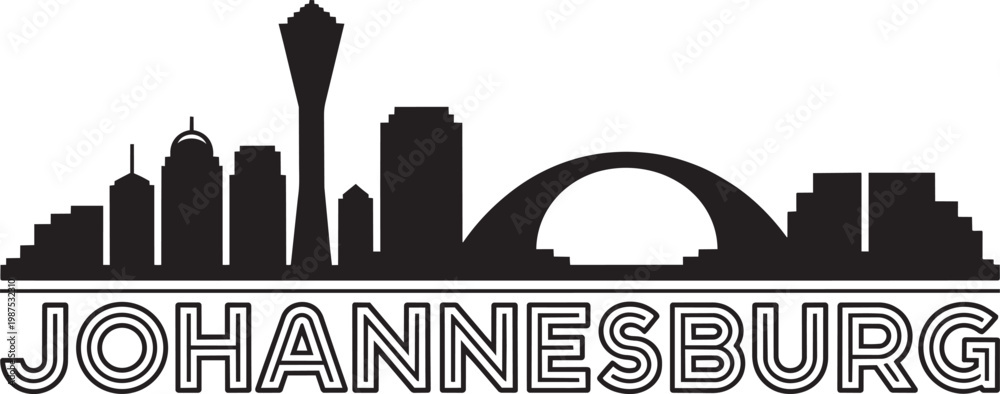 Naklejka premium Johannesburg skyline silhouette featuring landmarks and a bridge with city name vector design