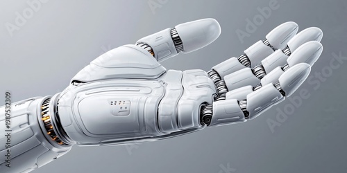 Realistic clean white robot hand in an upturned palm position against a neutral background