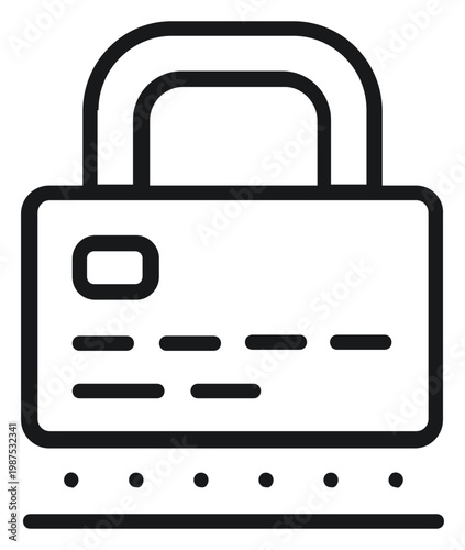 Secure credit card payment vector icon illustration. Black minimalist symbol of a bank card with a padlock and scanning line, representing protected financial transactions and data safety.