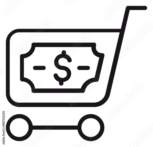 Fotografija Black line art vector icon of a shopping cart containing a dollar bill symbol, representing e-commerce, online shopping, purchasing, retail, and financial transactions