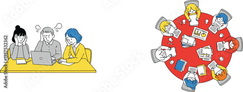 Business teamwork stress, corporate meeting discussion, project collaboration challenges, office problem solving, team conflict management, deadline pressure, flat vector illustration