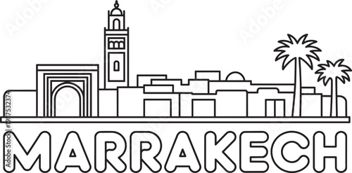 Foto Marrakech city skyline with Koutoubia Mosque and 2 palm trees in minimalist vect