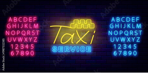 Taxi service neon badge. Auto transportation. Shiny blue alphabet. Think cloud frames collection. Shiny banner. Street racing. Editable stroke. Vector stock illustration
