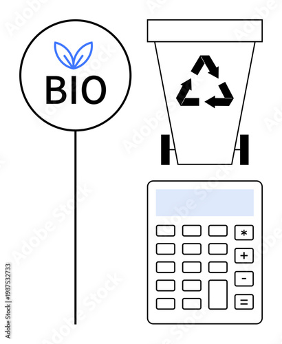 Sustainable practices, eco-friendly living, waste reduction, recycling, environmental awareness, green economy. Bio label, recycling bin calculator. Sustainable practices and eco-friendly living