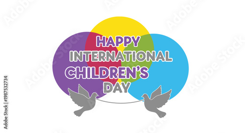 Wallpaper Mural Doves fly beneath colorful overlapping circles that display the text for the international children's day in this festive illustration. Torontodigital.ca