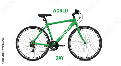 A bicycle painted in bright green stands as a central symbol to celebrate World Bicycle Day with a clean white background for your layout.
