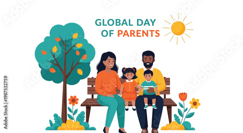 Family members sitting on a park bench under a bright sun celebrate the global day of parents with trees and flowers in the background.
