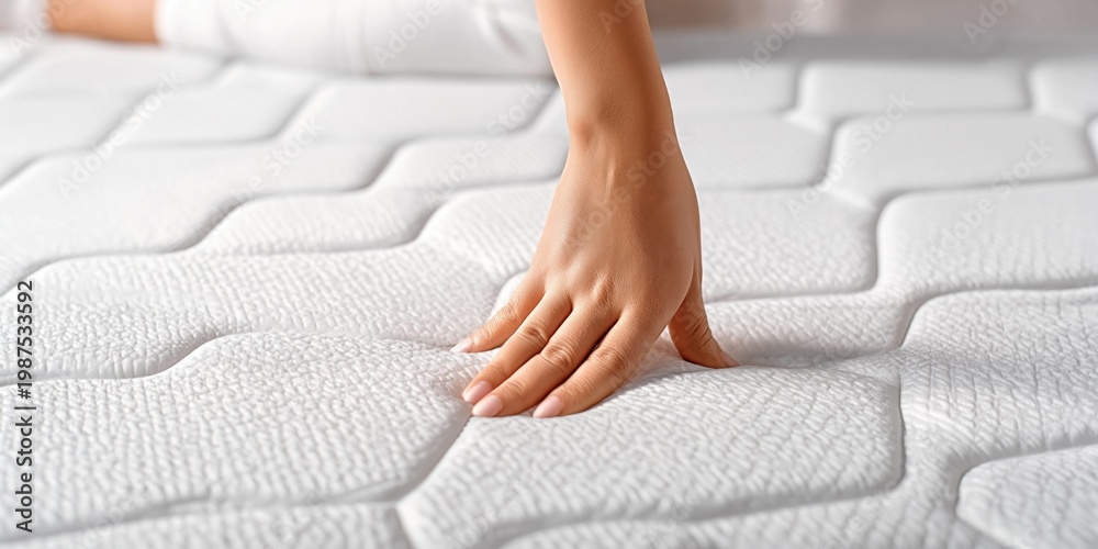 Fototapeta premium Close-up of a hand pressing into a soft, white mattress with a quilted surface