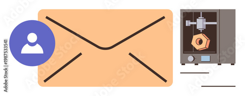 3D printing, communication, digital user identity, manufacturing, technology, and email services. Image shows an envelope, user icon and a 3D printer. 3D printing and communication concept