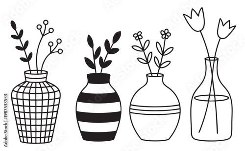 A set of decorative vases with flowers and plants in minimal doodle line style isolated on white background.