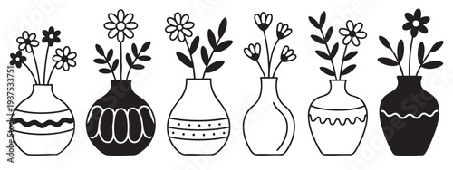 Hand drawn collection of floral vases with leaves and flowers in simple outline doodle style. Decorative home plants vector illustration.
