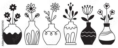Hand drawn collection of floral vases with leaves and flowers in simple outline doodle style. Decorative home plants vector illustration.