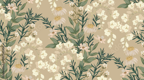 Flowers and leaves in vintage style, seamless pattern.	
