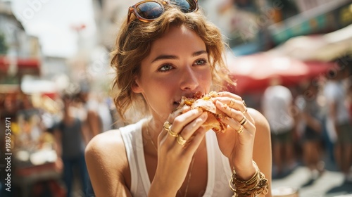 Young woman enjoying delicious street food in vibrant market. Joyful atmosphere captures urban lifestyle. Perfect image for food blogs and culinary promotions.