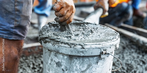 Construction worker mixing wet cement in a bucket with gloved hands