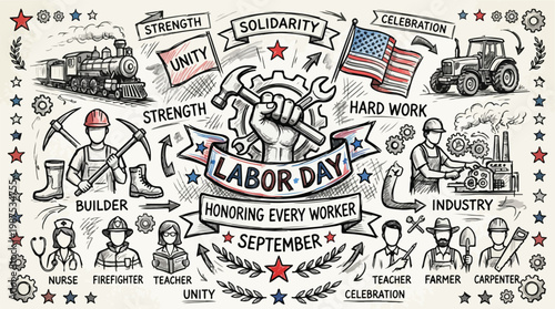 Labor Day Illustration Honoring American Workers with Tools and Industry Symbols Celebrating Holiday in September