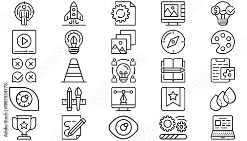 25 Minimalist Black Line Vector Icon Set Collection Bundle for Web and Graphic Design. Features Business Startup, Technology, Creative Tools, Education, Environment, Navigation, and Multimedia