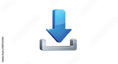 Blue arrow icon pointing down into a download tray on a white background