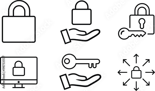 Set of six black outline security icons on transparent background, symbolizing digital protection and access control.