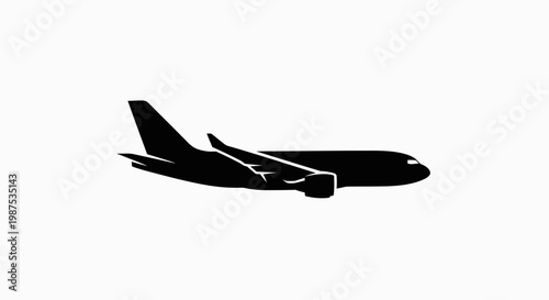 Silhouette of a commercial airplane in black against a white background