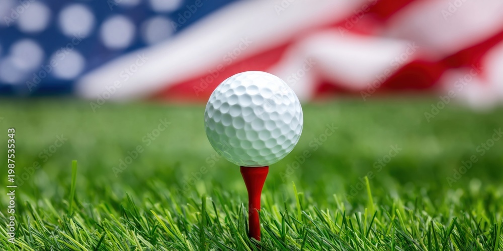 Fototapeta premium White golf ball on a red tee in green grass with blurred American flag background