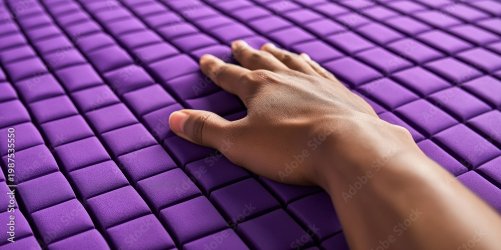 Fototapeta premium Hand touching a textured purple mattress with a square grid pattern